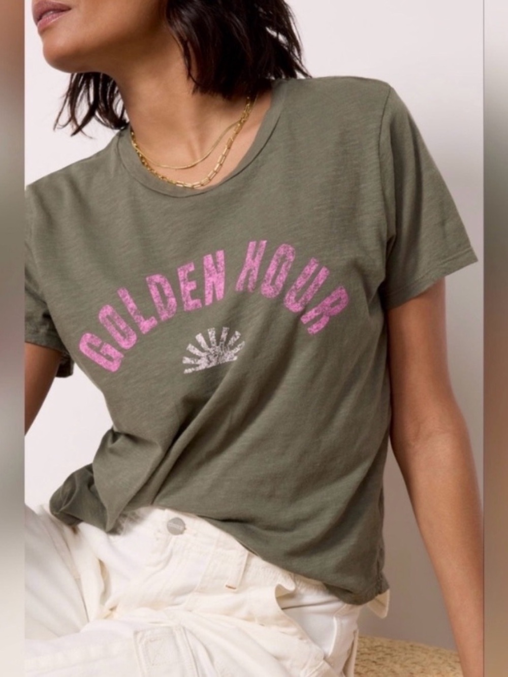 Sundry Mineral Washed Olive Green Tee with Pink 'GOLDEN HOUR' Graphic